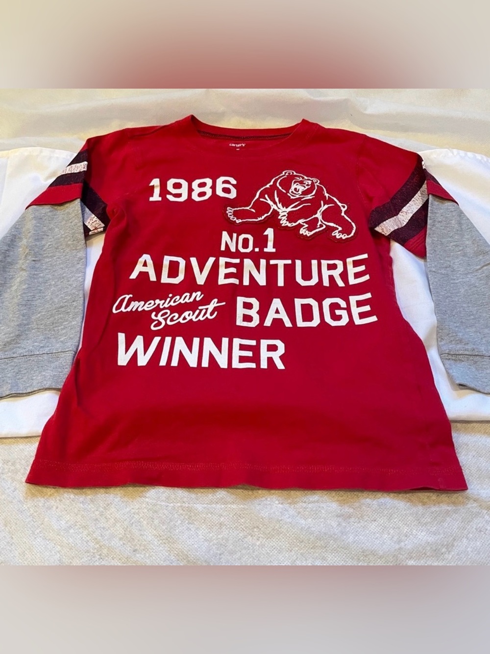 Carter’s Boys Size 5 Red Graphic Shirt Adventure Badge Scout Bear Long Sleeve